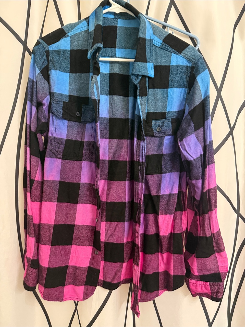 Excellent Women’s Ombre Plaid Flannel Jacket - Pink, Purple & Blue - Medium